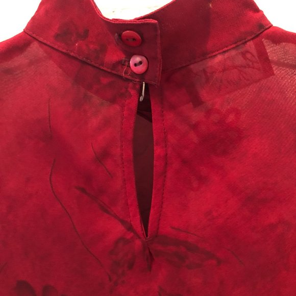 Full Length Burgundy Sheer Gown with Mandarin Collar, Side Slits - Picture 4 of 4